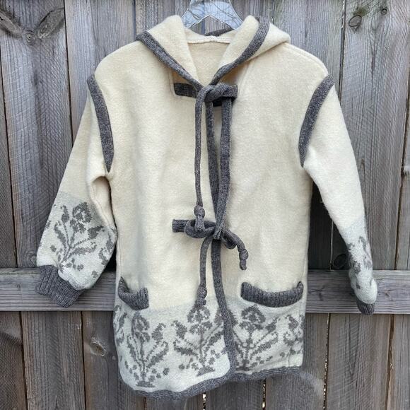 Alafoss of Iceland Ice Wool Jacket Cream and Gray Tie Front Pockets Hooded - Picture 1 of 12